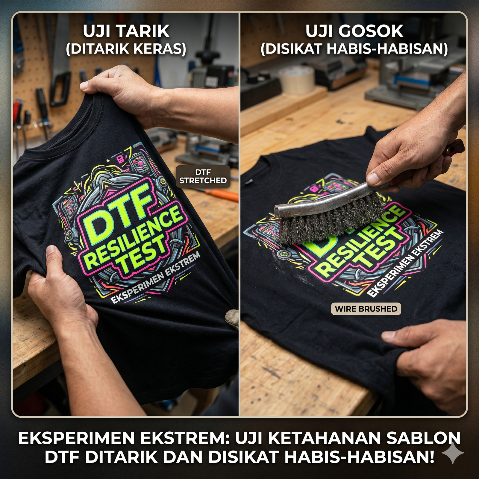 Eksperimen Ekstrem Uji Ketahanan Sablon DTF Ditarik dan Disikat Habis-habisan!